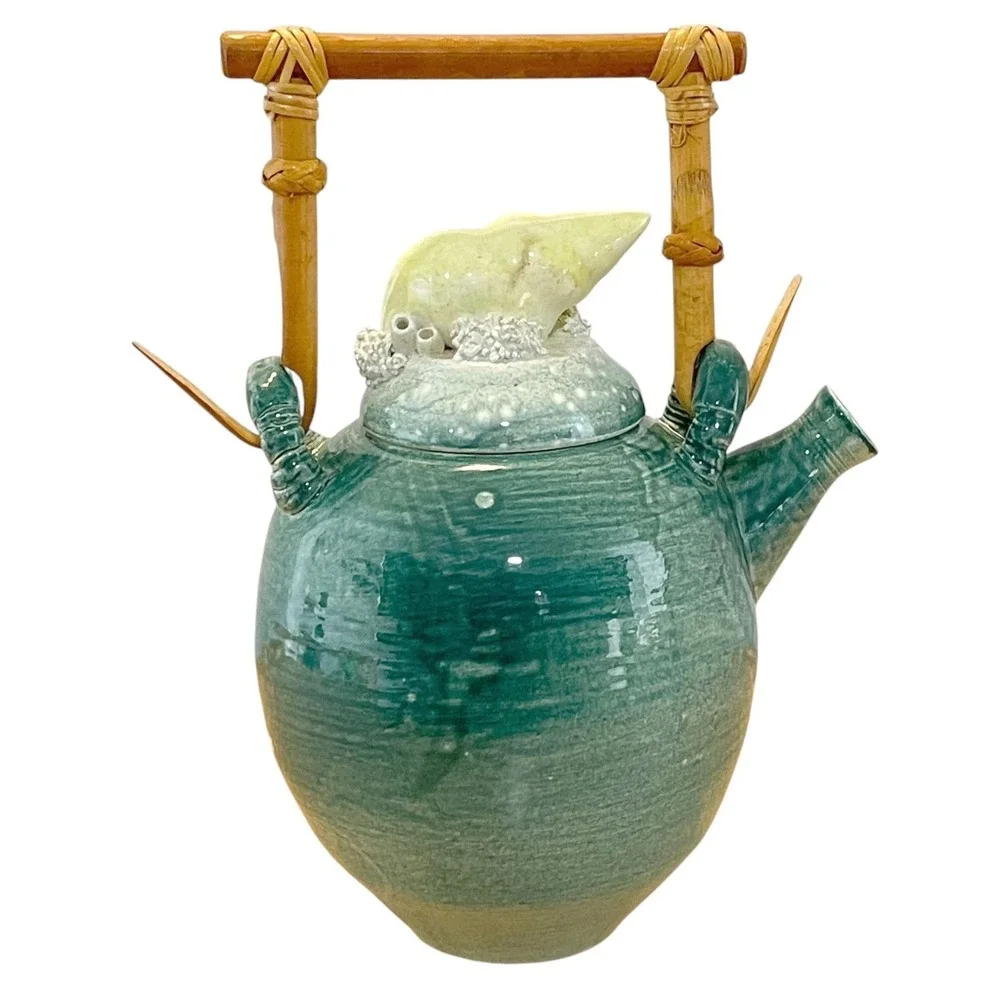 VTG Valencia Maui Raku Studio Pottery Teapot Shell Coral Lid Bamboo Handle Ocean